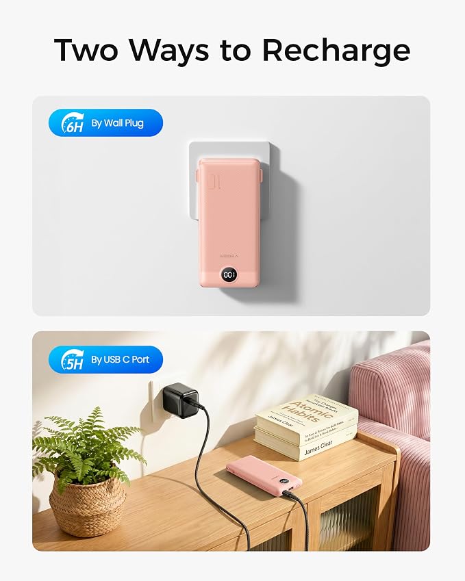 VEGER Portable Charger Power Bank with Built-in AC Plug and Cables, All in One 10000mAh Ultra Slim Travel Essentials, Fast Charging Battery Pack Compatible with iPhone, Samsung, More, Dark Pink
