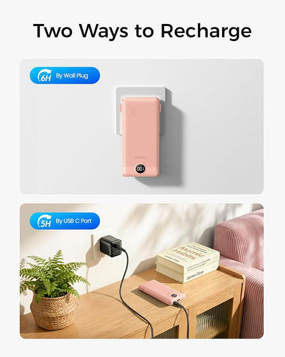 VEGER Portable Charger Power Bank with Built-in AC Plug and Cables, All in One 10000mAh Ultra Slim Travel Essentials, Fast Charging Battery Pack Compatible with iPhone, Samsung, More, Dark Pink