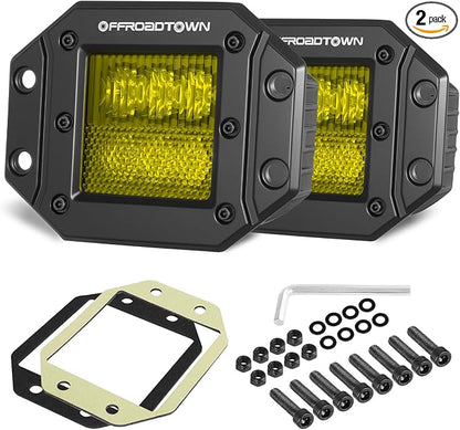 Flush Mount LED Pods Amber, OFFROADTOWN 5'' 12,000LM CREE LED Driving Lights Yellow Fog Light Backup Chase Lights Off Road Flush Bumper Light Bar for Truck Pickup UTV ATV Boat 4x4 Car - Driving Combo