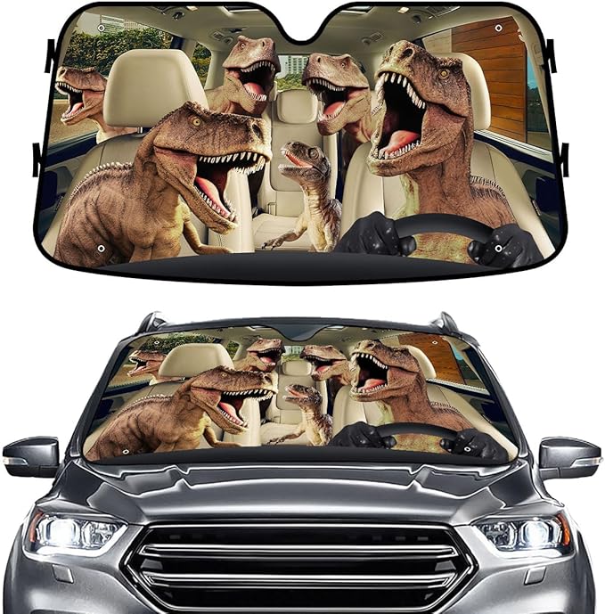 GENANY T-Rex Dinosaur Family Funny Windshield Sun Shade for Car SUV Truck (55x30 Inches), Sun Shade for Front Windows, Protector Blocks UV, Spring Car Decor