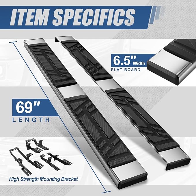 Auto Dynasty Running Boards Compatible with 2014-2023 Jeep Cherokee, Stainless Steel Side Step Rail Nerf Bars, 6.5" x 69" Step Bars, Polished Chrome