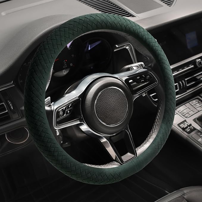 Suede Steering Wheel Cover with Upgraded Silicone Inner Ring, Breathable, Anti-Slip, Leather Universal 14.5 to 15 Inch Steering Wheel Cover (Green with Handwoven Craft)