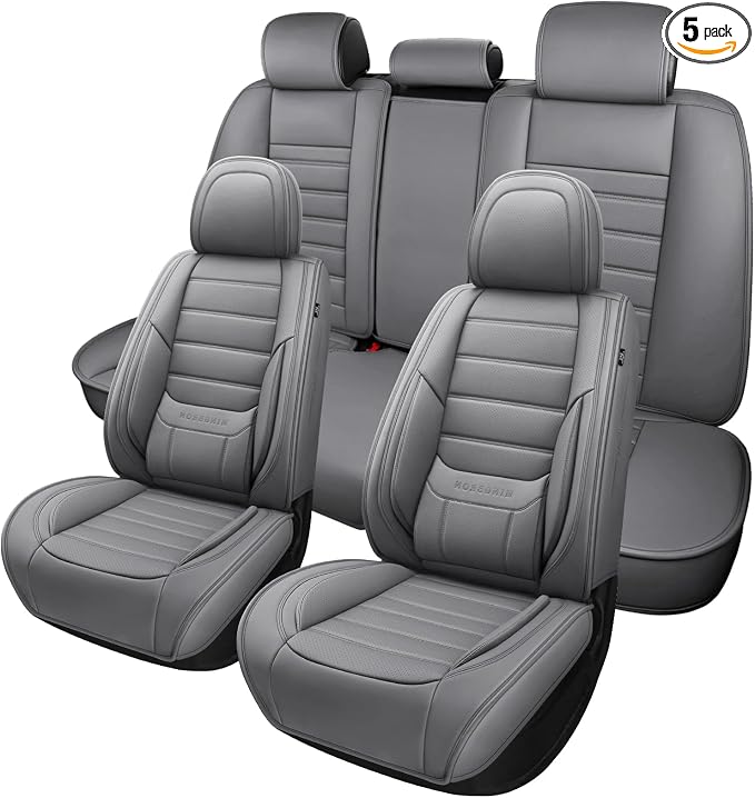 MINGBRON Leather Car Seat Covers,Car Seat Covers Full Set,Automotive Seat Covers 5 Seats,Fit for Most Cars SUV and Most Sedans Grey