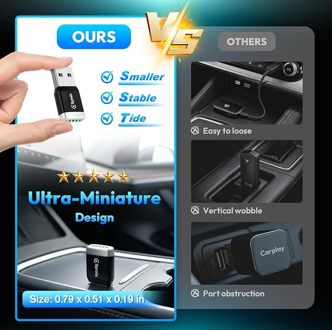 Wireless Carplay Adapter for Apple iPhone iOS 10+ ＆ Android Mini Ultra-Compact USB-A Dongle Converts Wired to Wireless Car Play Adapter Plug & Play Fast Auto Connection for Cars 2016+