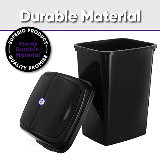 Superio Kitchen Trash Can 13 Gallon with Swing Lid, Plastic Garbage Can Outdoor and Indoor, Large 52 Qt Recycle Bin and Waste Basket for Home, Office, Garage, Patio, Restaurant (Black, 2 Pack)