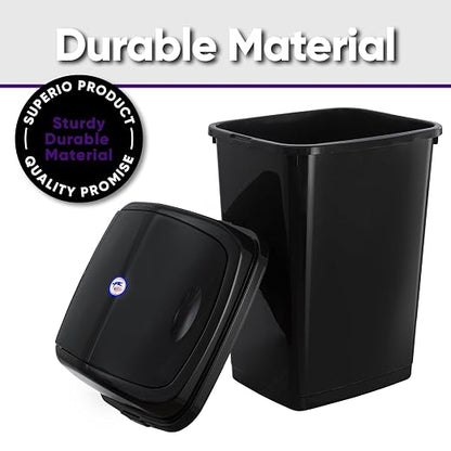 Superio Kitchen Trash Can 13 Gallon with Swing Lid, Plastic Garbage Can Outdoor and Indoor, Large 52 Qt Recycle Bin and Waste Basket for Home, Office, Garage, Patio, Restaurant (Black, 2 Pack)