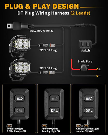 Auxbeam 4 Inch V-MAX Series LED Pods with Side Shooter, 92W Round Offroad Driving Lights with Amber DRL, Super Bright 270° Wide Range Spot Flood Combo Light Bar Auxiliary Light with Wiring Harness Kit