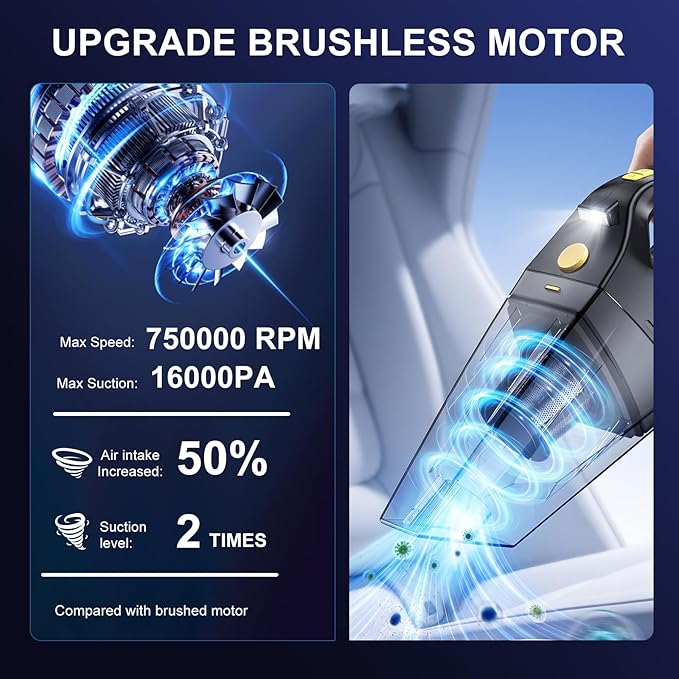 Rechargeable Cordless Handheld Vacuum Cleaner, Lightweight Portable Mini Hand Vac with 16000Pa Suction & LED Light for Car Interior,Home,Pet Hair, Hard-to-Reach Corners Cleaning