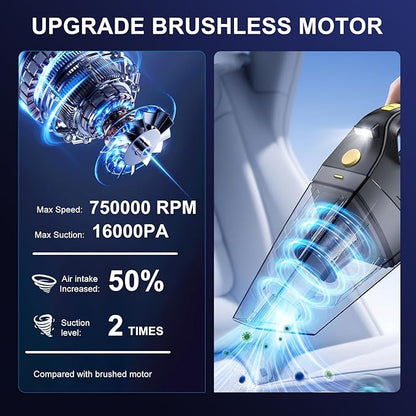 Rechargeable Cordless Handheld Vacuum Cleaner, Lightweight Portable Mini Hand Vac with 16000Pa Suction & LED Light for Car Interior,Home,Pet Hair, Hard-to-Reach Corners Cleaning
