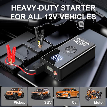 Jump Starter with Air Compressor, 8000A 180PSI, Portable Car Battery Jump Starter (All Gas/12L Diesel) 12V Automobile Jump Box Pack Chargers with Jumper Cables, 4-Mode LED Lights