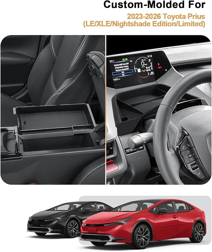 ECOZEN Center Console Organizer Set For 2023-2026 Toyota Prius - 2 Pcs Armrest Box Storage Tray + Dashboard Organizer Tray For Prius 2023-2026 Accessories - Premium ABS & Silicone Durable