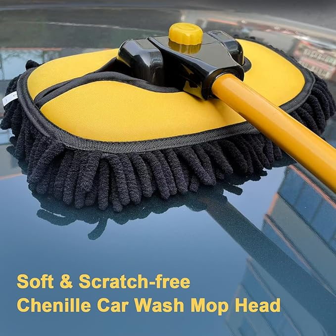 YeewayVeh Car Wash Brush with Long Handle, Microfiber Car Wash Mop with Replaceable Chenille Brush Head, Soft Cleaning Brush with 15° Curved Extension Pole Car Wash Kit for RV Truck Camper, Yellow