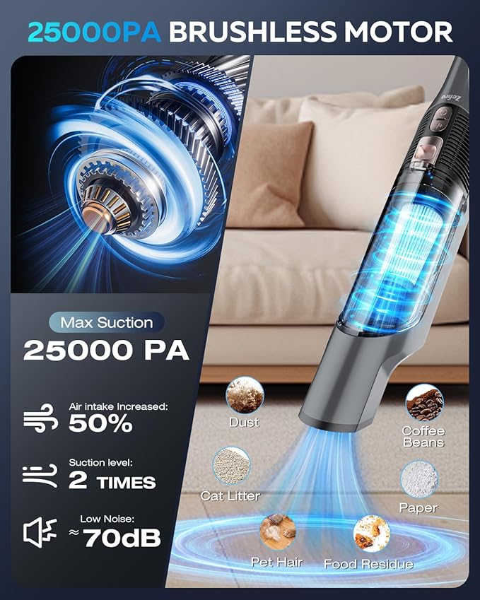 Zefiro Compact Powerful Cordless Handheld Vacuum, Rechargeable Portable Car Vacuum for Car & Pet Hair, Brushless Motor 25000PA High Suction, XL Dust Cup, 2 Brushes & Filters, Long Runtime with Charger