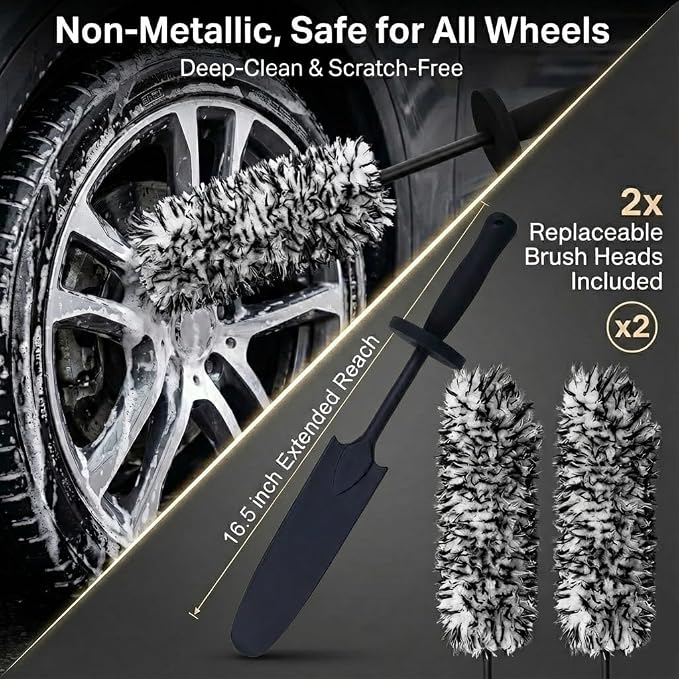 9PCS Professional Wheel Detailing Kit - Microfiber Flat Rim Brush w/Removable Cover, Boar Hair Detail Brush, Cleaning Pads, Towel & Storage Bag | Scratch-Free for All Vehicles