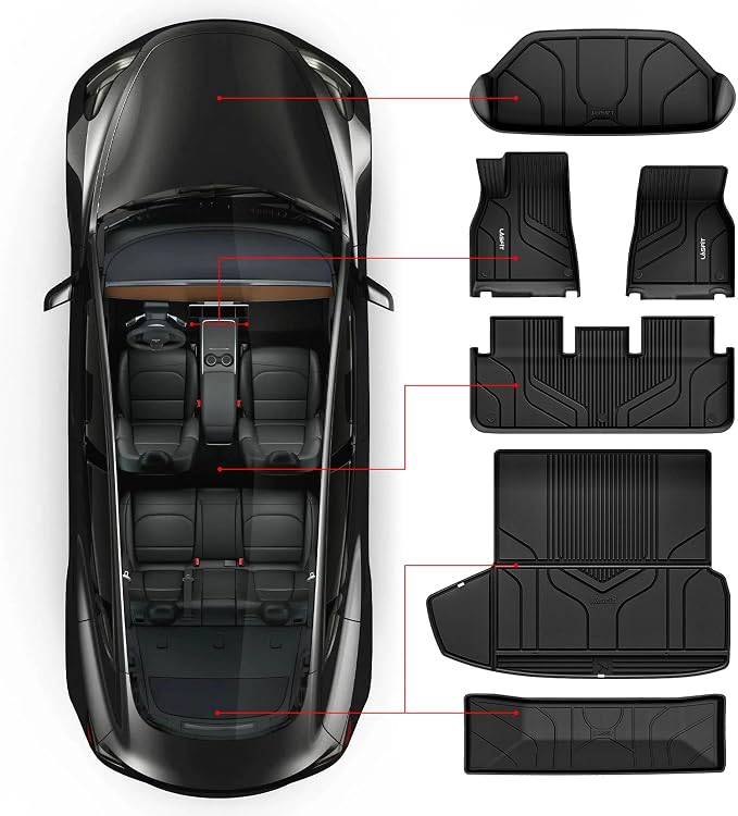 LASFIT Floor Mats & Trunk Mats for Tesla Model S 2021-2025 2026 (Include Plaid Model), All Weather TPE Custom Fit 1-3 Rows & Cargo Liners Full Set Car Mats Accessories, Black