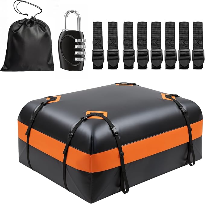 Car Rooftop Cargo Carrier Bag, 15 Cubic Feet Waterproof Heavy Duty Roof Bag with 8 Reinforced Straps & Combination Lock, Soft Shell PVC Car Top Luggage Carrier for SUV Truck RV, Travel Camping Storage