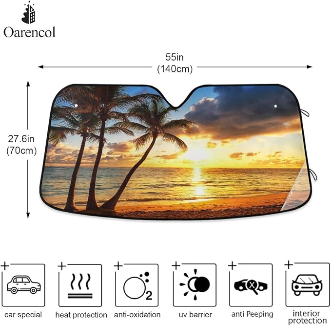 Palm Tree Car Windshield Sun Shade Tropical Sunset Beach Ocean Foldable UV Ray Sun Visor Protector Sunshade to Keep Your Vehicle Cool (55" x 27.6")