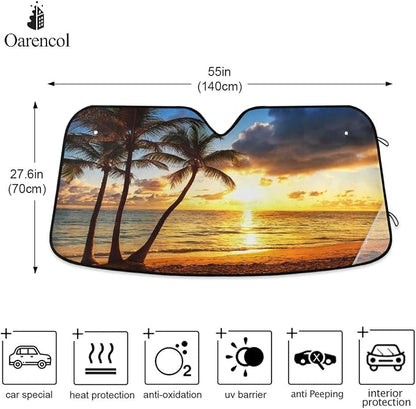Palm Tree Car Windshield Sun Shade Tropical Sunset Beach Ocean Foldable UV Ray Sun Visor Protector Sunshade to Keep Your Vehicle Cool (55" x 27.6")