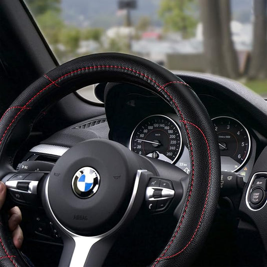 Leather Car Steering Wheel Cover, Non-Slip Car Wheel Cover Protector Breathable Microfiber Leather Universal Fit for Most Cars(Black)