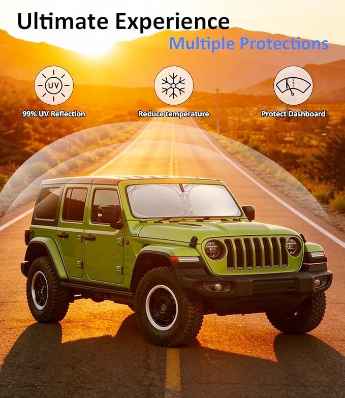 Sun Shade Custom-Fit for Jeep Wrangler JL/Gladiator 2018-2025 | Front Window Sunshade with 240T Sun Visor Protector Foldable Heat Shield Blocks UV Rays, Car Accessories