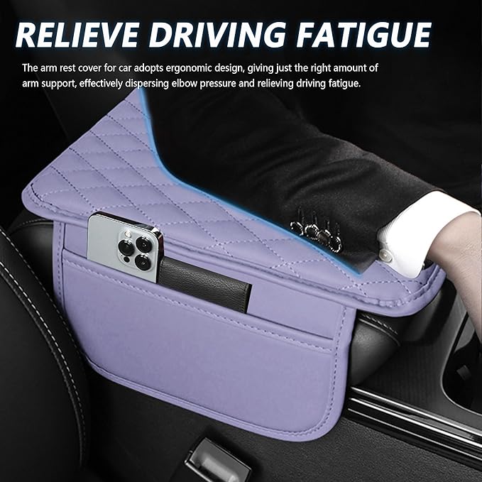 Stacool Upgraded Car Center Console Cover,Microfiber Leather Car Armrest Cover Cushion with 2 Storage Bags,Universal Car Armrest Storage Box (Purple)