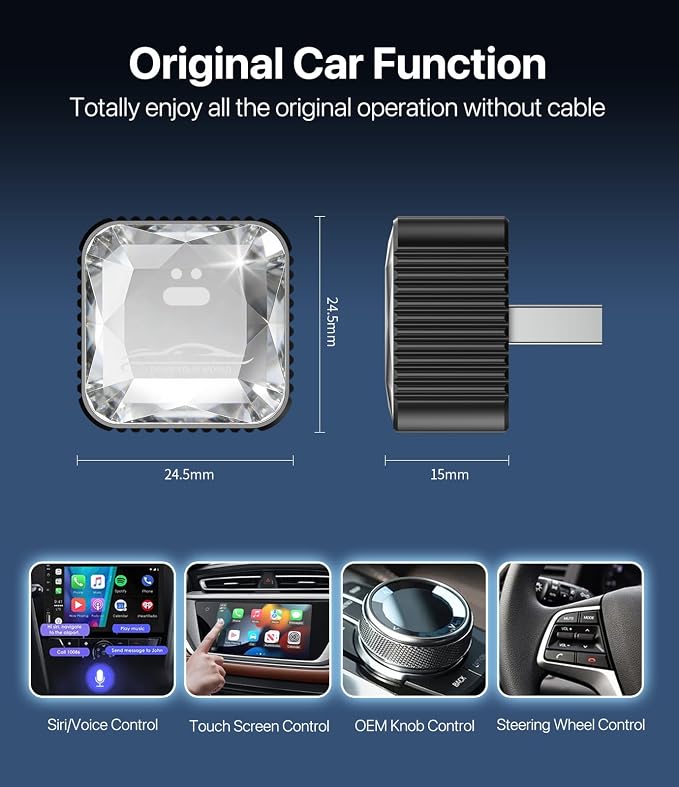 Wireless CarPlay Adapter for iPhone, Premium Glass Finish Design, 5s Auto-Connect, Mini Wireless CarPlay Dongle Compatible with Apple CarPlay, Plug & Play for Factory Wired Cars, Low Latency, Orange