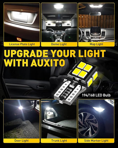 AUXITO 194 168 LED Bulb & 921 912 W16W LED Bulb Combo Kit, Error free for 2825 W5W Led License Plate Light Dome Map Trunk Marker Light and 906 T15 led Backup Reverse Light,6000K White, Pack of 4