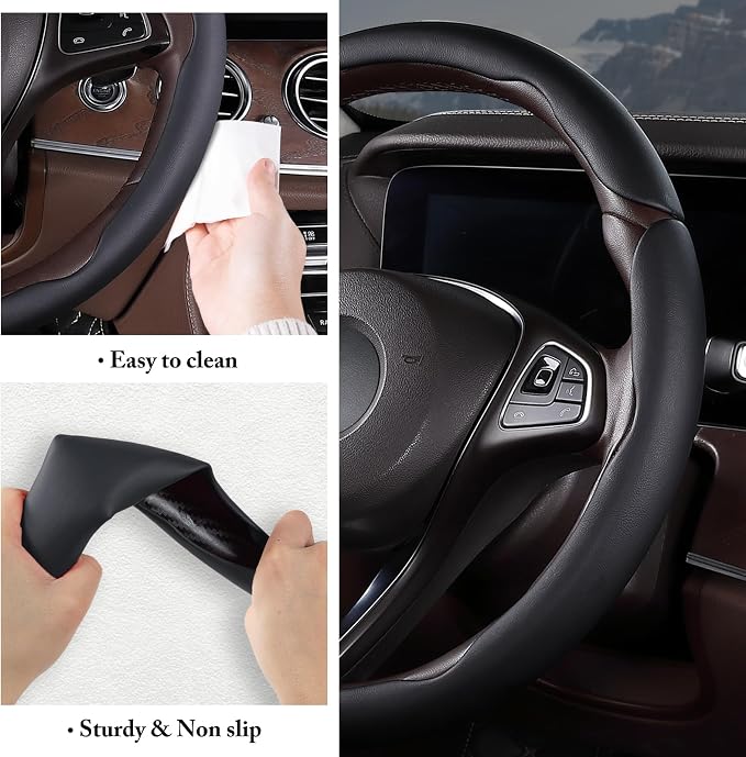 Car Steering Wheel Cover Leather Snap On 3Pcs Set Non-Slip Protector Wrap Steering Wheel Accessories 14.5-15 inch Universal Black