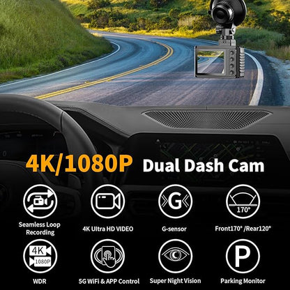 Dash Cam Front and Rear: 4K Dual Channel Dash Cam - 5GHz WiFi, Dash Camera for Cars with 64GB Card, 2" IPS, App Control, G-Sensor, Loop Recording, 170° Wide Angle, Night Vision, 24H Parking Mode