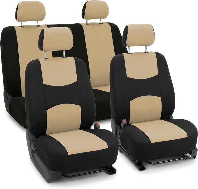 FH Group Automotive Seat Covers Flat Cloth Full Set Beige Combo Small Car Seat Cover Design, Rear Solid Bench Universal Fit and Car Seat Protector for Vans Cars Trucks and SUV Interior Accessories
