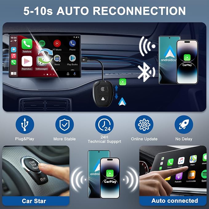Wireless CarPlay Adapter for iPhone,Converts Factory Wired to Wireless,Plug & Play,Stable Control & No Delay,2025 Upgraded 2 in 1,USB A/C Port to iOS 10+ Android 10.0+
