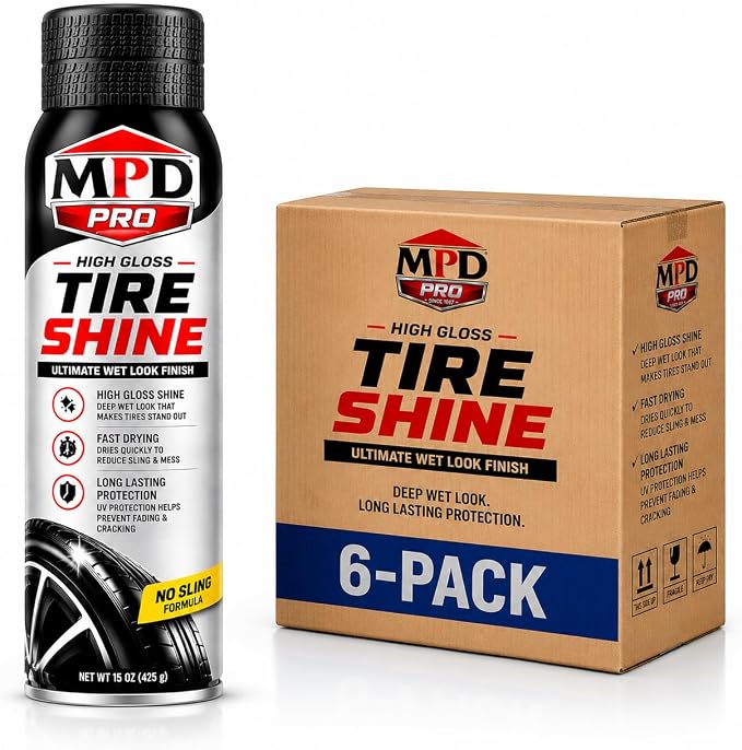 MPD PRO High Gloss Tire Shine Spray – Wet Look Finish, Fast Drying No Sling Formula, Long Lasting Tire & Trim Protection, Professional Automotive Detailing, 15 oz Aerosol (6-Pack)