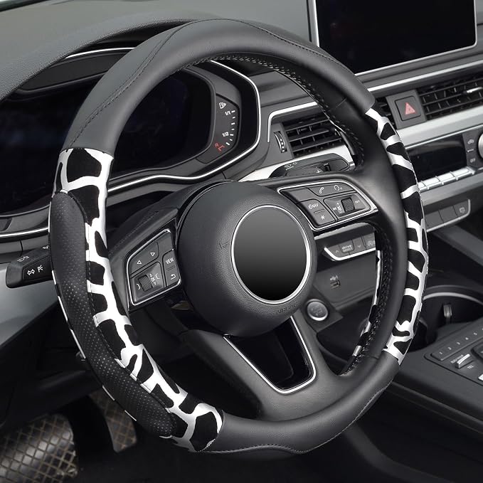 ZHOL Car Steering Wheel Cover, Universal 15 inch Breathable Microfiber Leather Steering Wheel Protector, Anti Slip Car Interior Accessories, Black&Silver