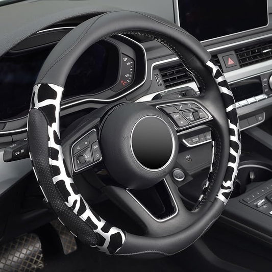 ZHOL Car Steering Wheel Cover, Universal 15 inch Breathable Microfiber Leather Steering Wheel Protector, Anti Slip Car Interior Accessories, Black&Silver