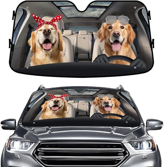 GENANY Cute Golden Retriever Dog Couple Funny Windshield Sun Shade for Car SUV Truck (55x30 Inches), Sun Shade Windshield, Protector Blocks UV, Spring Car Decor
