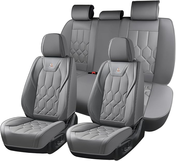 Huidasource Seat Covers Full Set, Universal Fit for Most Cars SUVs Trucks, Full Coverage Waterproof Leather Car Seat Cover, Airbag, Cupholder Compatible, Seat Function Retain, Velcro Adjustable, Gray