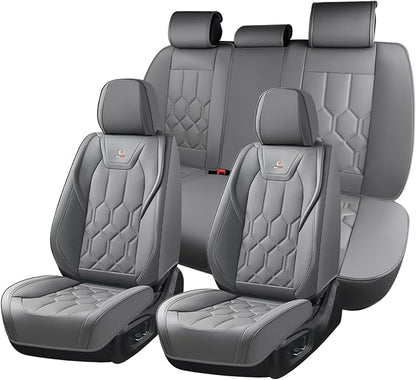 Huidasource Seat Covers Full Set, Universal Fit for Most Cars SUVs Trucks, Full Coverage Waterproof Leather Car Seat Cover, Airbag, Cupholder Compatible, Seat Function Retain, Velcro Adjustable, Gray
