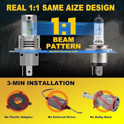 H4 Light Bulbs Hi/Low Beam,Super Bright Upgraded 900% 50000LM Brightness,1:1 Halogen Mini Size, 10-Year Lifespan, Plug and Play, H4/9003 Fog Bulbs,Pack of 2