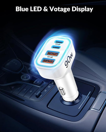 iPhone 17 16 15 Car Charger, 90W 4-Port Fast USB C Car Charger Cigarette Lighter Adapter with 3FT Type C to C Cable for iPhone 17/17 Pro/17 Pro Max/17e/Air/16/16 Pro/16e/15 Pro Max/Plus, iPad, Android