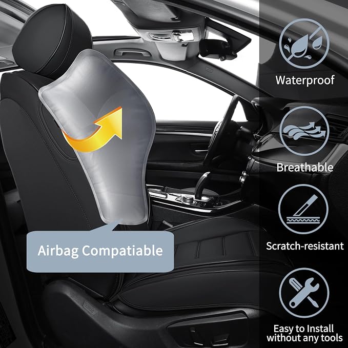 Front Car Seat Covers, 2Pcs Universal Leather Seat Covers for Cars, Full Coverage Waterproof Automotive Seat Covers, Breathable Front Seat Covers for Most Trucks, SUVs, Sedans, Black