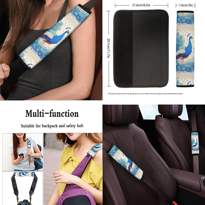 13 Set Blue Peacock Car Seat Cover, Watercolor Peacock Feathers Universal Seat Belt Pads Cup Holder Coasters, Chinoiserie Aesthetics Steering Wheel Cover Armrest Pad