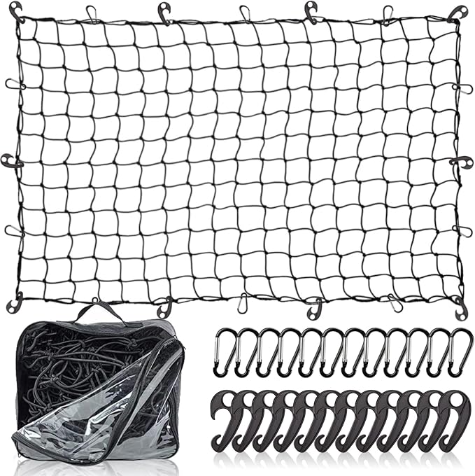 Natural Latex Core Super Duty Cargo Net for Pickup Truck Bed 4'x6' Stretches to 8'x12' | 12 Carabiners + 12 Hooks | Small Tight 4”x4” Mesh Bungee Net for Ford, Dodge, Chevy, Toyota, GMC