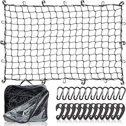 Natural Latex Core Super Duty Cargo Net for Pickup Truck Bed 4'x6' Stretches to 8'x12' | 12 Carabiners + 12 Hooks | Small Tight 4”x4” Mesh Bungee Net for Ford, Dodge, Chevy, Toyota, GMC