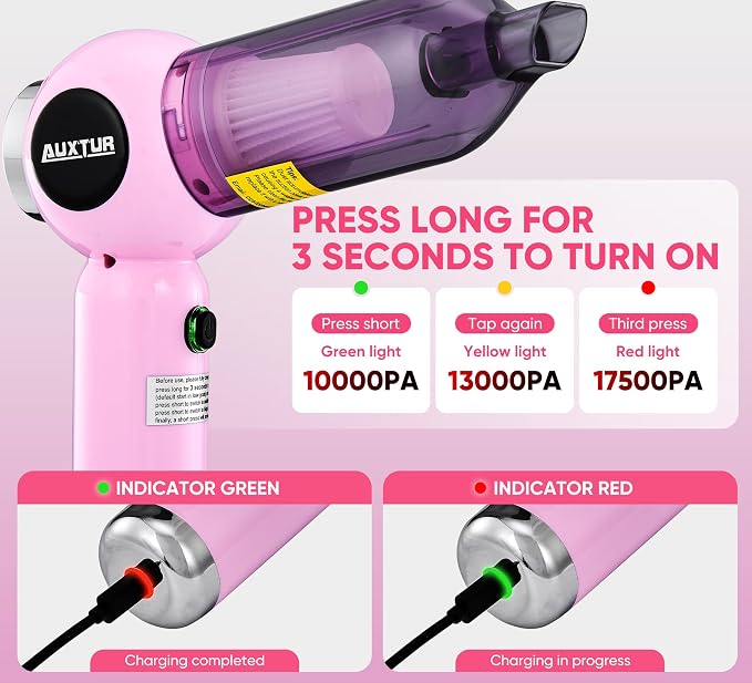 Handheld Vacuum Cleaner Cordless - 17500PA Strong Suction Rechargeable, 3-Speed Adjustable Portable Mini Dust Buster for Pet Hair, Car Detailing, Home, Office & Car Cleaning