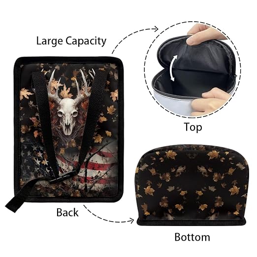 Talayituse Deer Skull American Flag Print Car Trash Can, Portable Auto Garbage Bin Multifunctional Vehicle Interior Accessories with Adjustable Straps Universal Fit Truck SUV Sedan