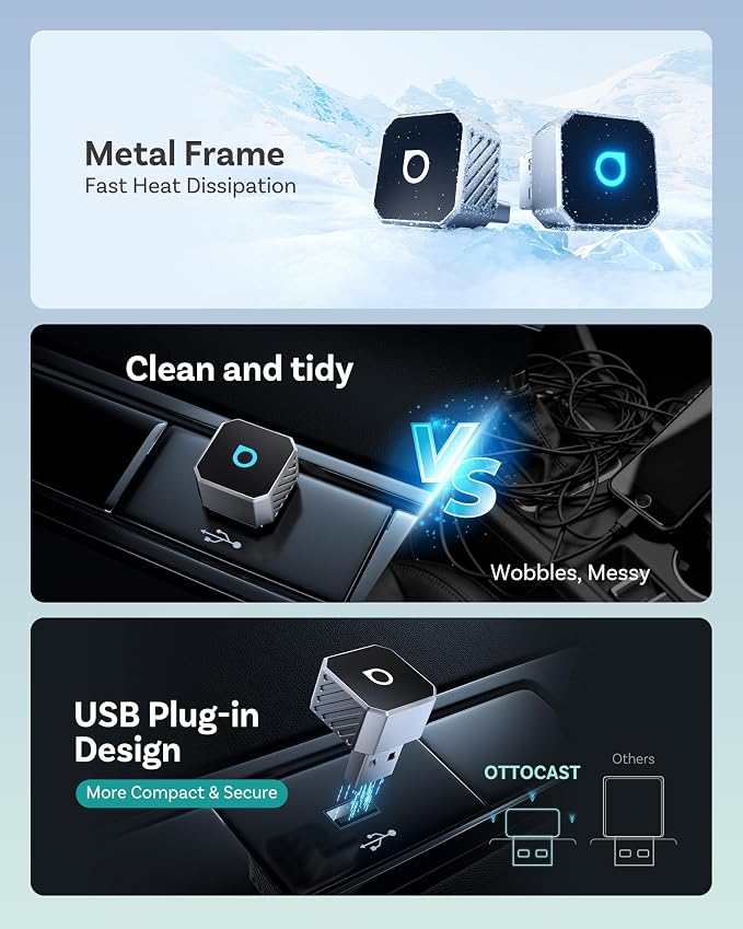 OTTOCAST Mini Pot 2025 2-in-1 Wireless CarPlay & Android Auto 2-in-1 Adapter, Plug & Play, 5GHz WiFi, Auto Connect for iPhone & Android, Fits 98%+ OEM Wired CarPlay Cars