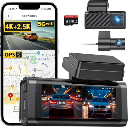 4K+2.5K Dash Cam Front and Rear, Built-in GPS, 5.8G WiFi, Free 64GB Card Included, Dash Camera for Cars, 2-Channel Car Camera,3.16'' IPS Screen,G-Sensor,WDR&HDR,24H Parking Monitor,Max 256GB