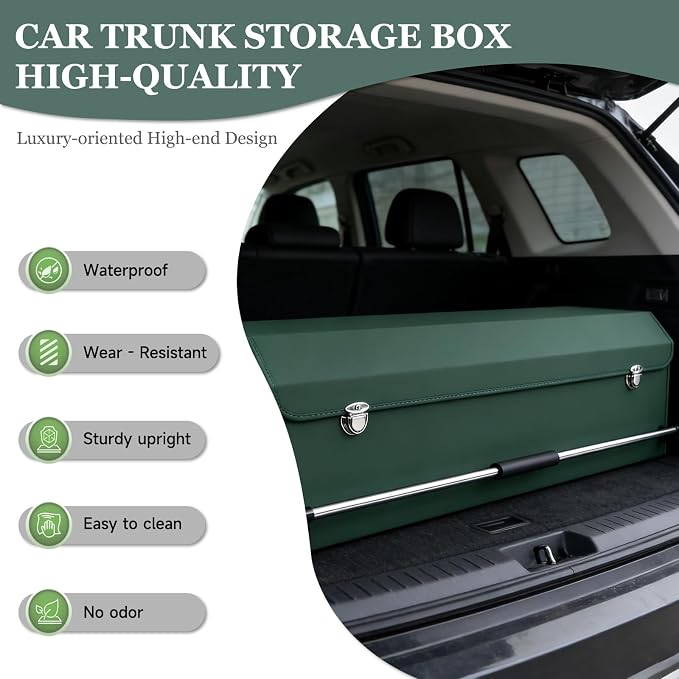 Car Trunk Organizer, Leather Car Trunk Storage Organizer with Lid and Sturdy Handle Car Organizer Storage Box Suv Trunk Organizer (Green, 40.5 x 11.4 x 12.2in)