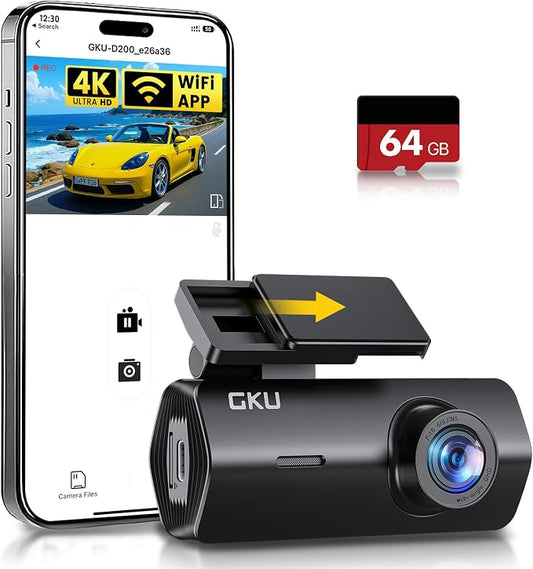 GKU 4K Dash Cam Front, Mini DashCam Includes 64GB Card, Dash Camera Built-in WiFi, 24H Parking Monitor,Night Vision,WDR,170° Wide Angle,Loop Recording,G-Sensor, (Black)