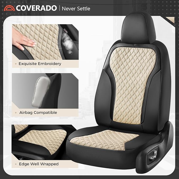 Coverado Car Seat Cover 5 Seats, Leather Seat Covers Full Set, Durable Waterproof Car Seat Protectors, Black and Beige Seat Cover, Spill-Proof Automotive Seat Covers Universal Fit for Most Cars